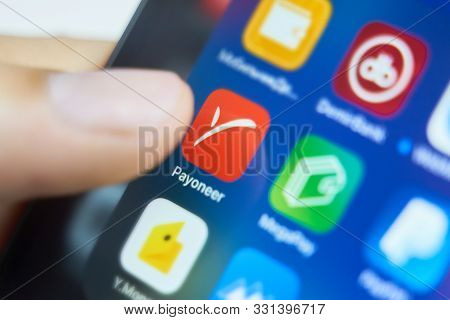 Bishkek, Kyrgyzstan - July 6 2019: Payoneer Application Icon On Apple Iphone X Smartphone Screen Clo