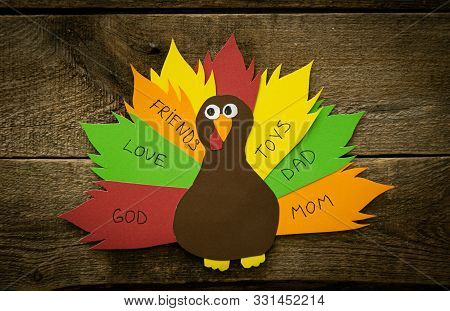 Thanksgiving Paper Craft - Thanksful Turkey On Wood Background, Top View