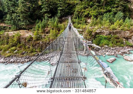 Suspention Bridge On The Everest Base Camp Trek, Himalaya Mountains, Sagarmatha National Park, Nepal