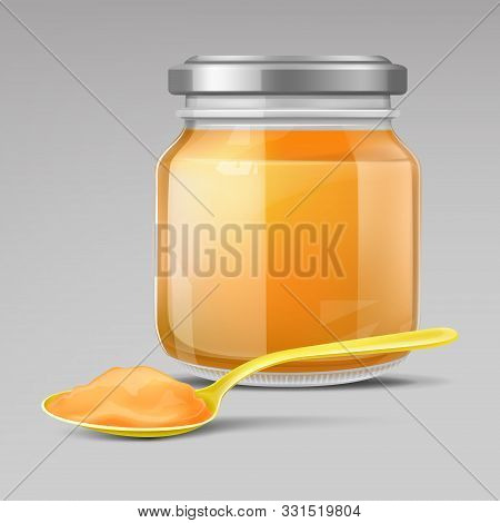 Baby Food Jar And Plastic Spoon With Puree, Glass Bottle With Cap Isolated On Grey Background Mock U