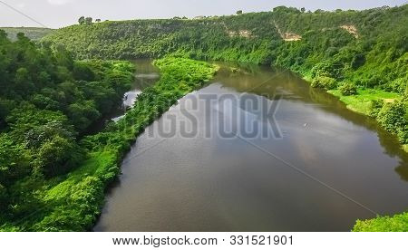Calm Beautiful River Chevon Among Tropical Jungle High Bank Dominican Republic