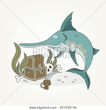 Cartoon Character Of A Water Inhabitant. Funny Cute Fish Sword Sword Posing Next To The Sunken Treas