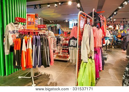 HONG KONG, CHINA - CIRCA JANUARY, 2019: clothes on display at Superdry store in Elements shopping mall.