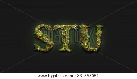 Decorative S T U Letters, Xmas Font Mockup In Darkness, 3d Rendering. Cristmas Ornament Character It