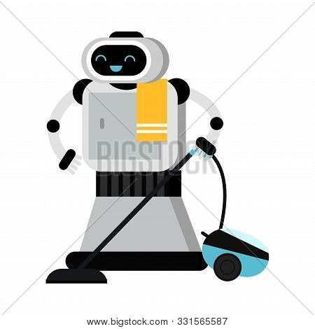Good Robot Home Assistant Vacuuming. Vector Illustration.