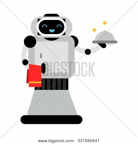 Kind Robot Home Helper Holds A Closed Dish. Vector Illustration.