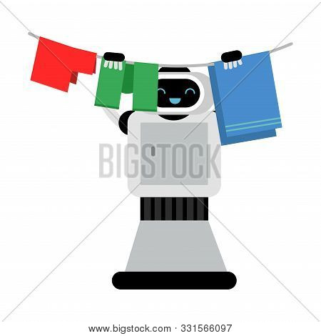 Cute Robot Home Assistant Hangs Up Laundry. Vector Illustration.