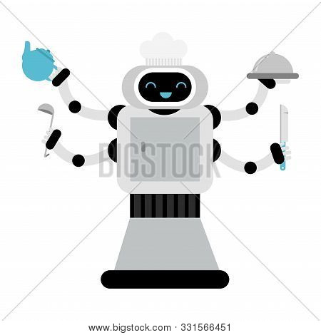 Many Armed Robot Home Assistant Cook. Vector Illustration.