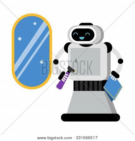 Cute Robot Home Assistant Near A Brilliant Mirror. Vector Illustration.