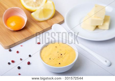 Homemade Hollandaise Sauce. Classic Traditional Sauce Based On Eggs. Basic Sauce Of French Cuisine. 