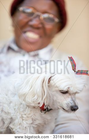 Pensioner African woman holding het caniche breed  white dog