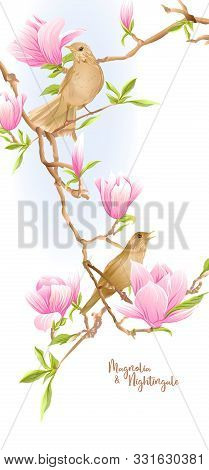 Magnolia Tree Branch With Flowers And Nightingale Template For Wedding Invitation, Greeting Card, Ba
