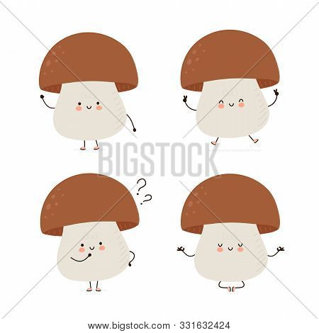 Cute Happy Mushroom Character Set Collection. Isolated On White Background. Vector Cartoon Character