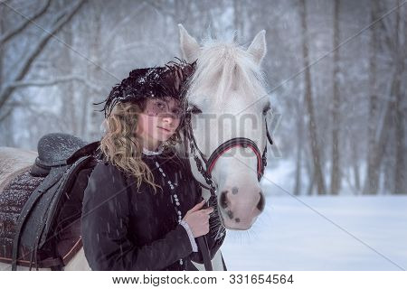 Lady In A Black Dress With A White Horse In The Winter Forest, Historical Costume