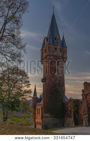 Castle In Town Hradec Nad Moravici In Autumn Color Sunset Evening