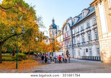Pilsen, Czechia - Oct 28, 2019: Smetanovy Sady In Plzen, Czech Republic. Outside Exhibition In Front