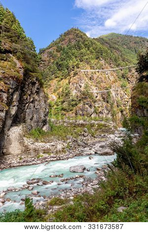 Suspention Bridge On The Everest Base Camp Trek, Himalaya Mountains, Sagarmatha National Park, Nepal