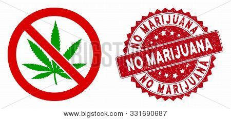 Vector No Marijuana Icon And Grunge Round Stamp Seal With No Marijuana Text. Flat No Marijuana Icon 