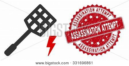 Vector Electric Fly Killer Icon And Distressed Round Stamp Seal With Assassination Attempt Caption. 