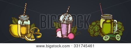 Smothie Sets Of Lemons, Broccoli, Radish, Basil, Smoothie Cup, Smothie Jars Cucumber Stock Illustrat