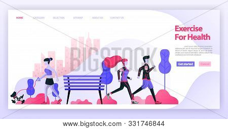 Couples Running Together And Women Jogging With Dogs In The City Park Or Central Park. Flat Vector I