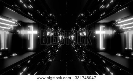 Futuristic Scifi Fantasy Tunnel With Holy Christian Glowing Cross 3d Illustration Wallpaper Backgrou