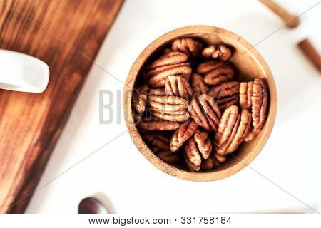 Pecans In A Bowl Top View, Concept Healthy Food, Diet, Healthy Fats, Unsaturated Fats