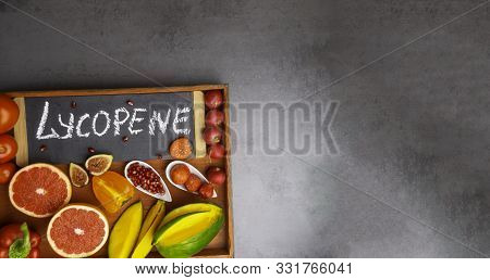 Fruits And Vegetables Containing Lycopene. Healthy Vegan Food Background. Lycopene Is A Red Caroteno