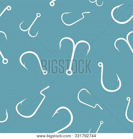 Seamless Pattern With Different Types Of Fishing Hooks On Watercolor Background. Fishing Texture. Fl