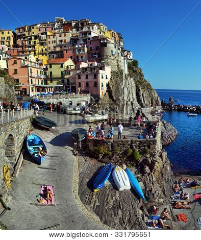 20 Yune, 2018, Italy, Manarola, Manarola Village At Twilight. Manarola Is A Small Town In The Provin