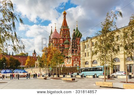 Moscow, Russia - October 08, 2019: Saint Basil Cathedral Against Varvarka Street In Moscow At Sunny 