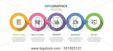 Concept Of Shopping Process With 5 Successive Steps. Five Colorful Graphic Elements. Timeline Design
