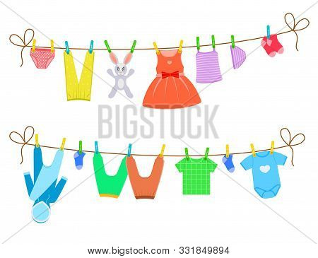 Cartoon Color Clothes On Clothesline Set Include Of Dress, Pant And Socks. Vector Illustration Of Ic