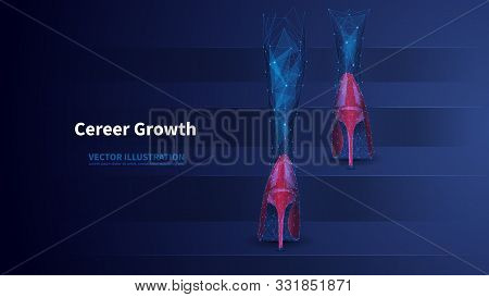 Career Growth Low Poly Wireframe Vector Banner Template. Polygonal Businesswoman In High Heels On St