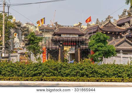 Da Nang, Vietnam - March 10, 2019: Chua An Long Chinese Buddhist Temple. The Temple Building, Green 