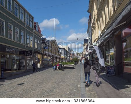 Ornskoldsvik, Sweden, September 6, 2019: : Street In Center Of Town Ornskoldsvik With Historic Build