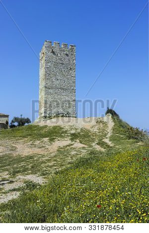 Nea Fokea, Kassandra,  Greece - March 31, 2019: Byzantine Tower In Town Of Nea Fokea, Kassandra, Cha