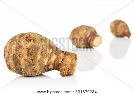 Group Of Three Whole Fresh Brown Jerusalem Artichoke In Row Isolated On White Background