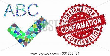Mosaic Spell Checking And Corroded Stamp Seal With Confirmation Text. Mosaic Vector Is Composed From