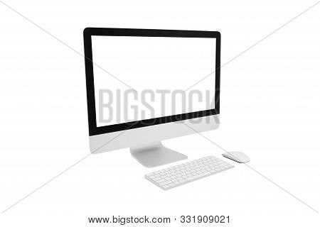 Perspective View Desktop Computer Modern Style With Simplicity Blank Screen Isolated On White Backgr