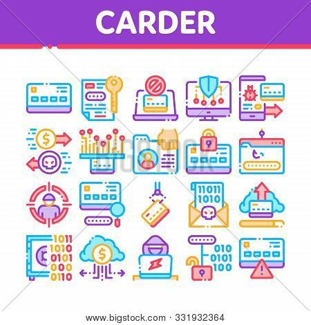 Carder Hacker Collection Elements Icons Set Vector Thin Line. Carder Silhouette And Smartphone, Bug 