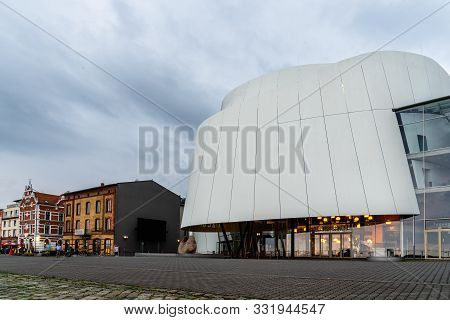 Stralsund, Germany - July 31, 2019: The Harbour And The Ozeaneum Public Aquarium Of The German Ocean
