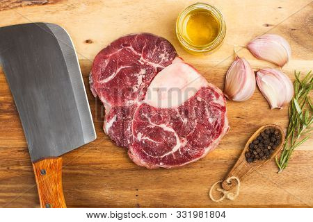 Raw Osso Buco On A Wooden Kitchen Board