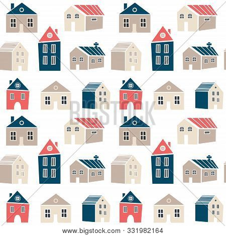 Cute Seamless Pattern With Houses In Scandinavian, Nordic Style. Pretty Background For Kids Collecti
