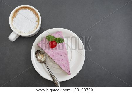Cheesecake Slice With Berries, Pink Cheesecake Isolated With Coffee Cup, Flat Lay With Copy Space Fo