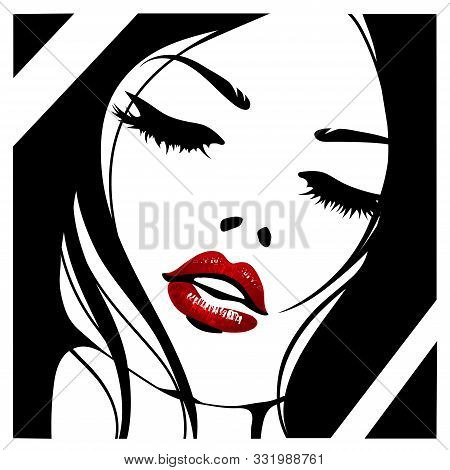 Womans Face With Red Lips. Vector Portrait Isolated On White Background