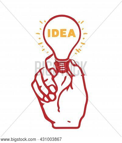 Hand Drawn Hand Holding Lightbulb In Doodle Style. Ceative Problem Solving. Result Creative Approach