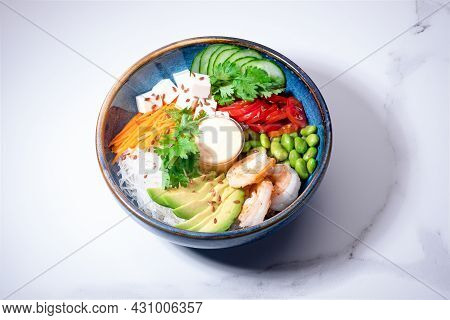 Poke Bowl On White Background. Poke With Prawns And Fresh Vegetables. Traditional Hawaiian Food In B