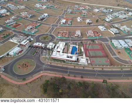 Aerial Drone View Of The Tamboré Neighborhood In Bauru, Brazil. View Area With Tennis Courts, Sports