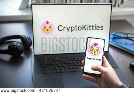 Russia Moscow 30.05.2021.logo, Screenshot Of Blockchain Nft Ethereum Cryptocurrency Game Cryptokitti